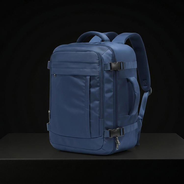 Sac à dos de voyage bleu marine photographié sur fond noir