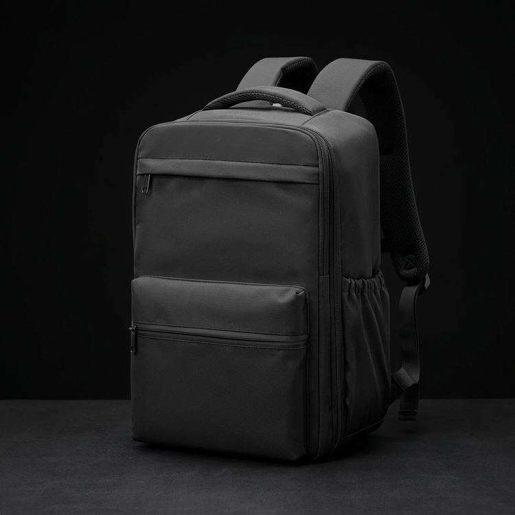 Sac à dos de voyage noir présenté de trois quarts sur fond noir