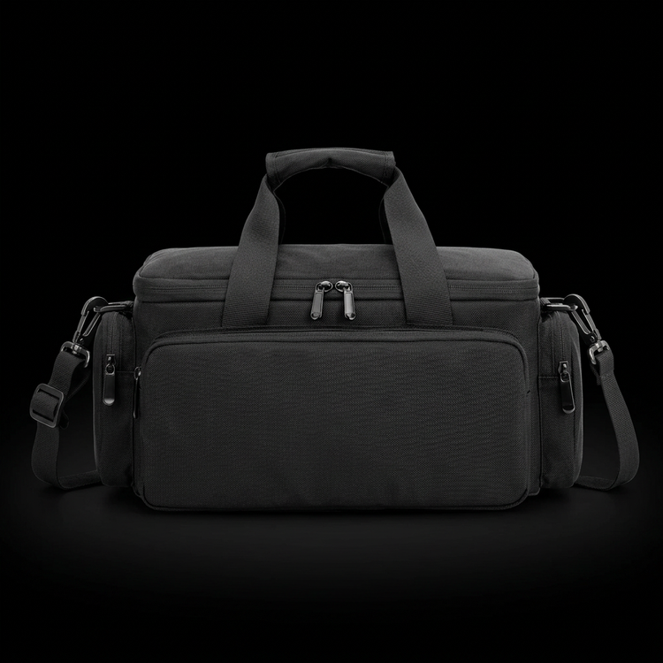 Sac photo noir avec poignées et bandoulière sur fond noir