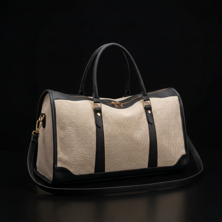 Sac compact beige aux anses, bandoulière et finitions noires, sur fond noir